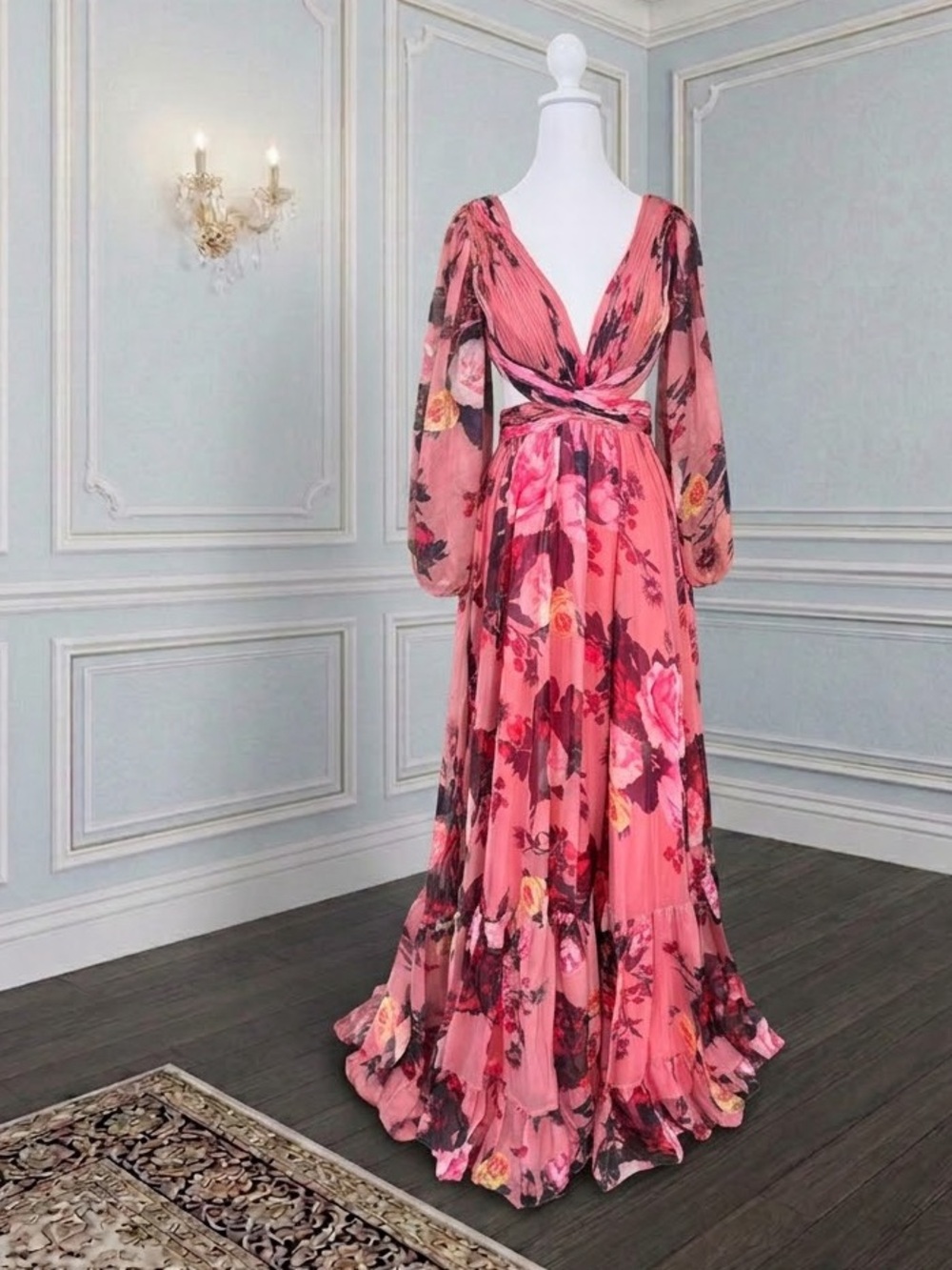 NWT MAC DUGGAL 67946 FLORAL Ruffles Maxi Chiffon Gown sz 2 Wedding guest Garden - Picture 3 of 8